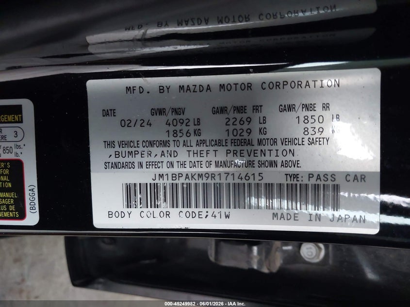 2024 Mazda VIN JM1BPAKM9R1714615 IAAI salvage auction — FRONT & REAR, Salvage Title, sold $1,550 on 2026-07-29 (photo 9)