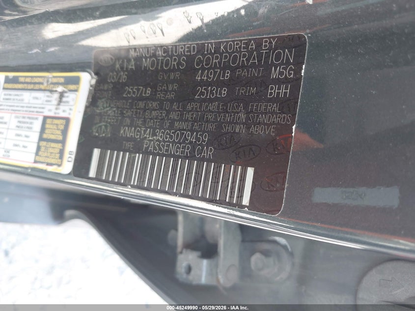 2016 Kia Optima VIN KNAGT4L36G5079459 IAAI salvage auction — FRONT & REAR, Salvage Title, sold $425 on 2026-07-14 (photo 9)