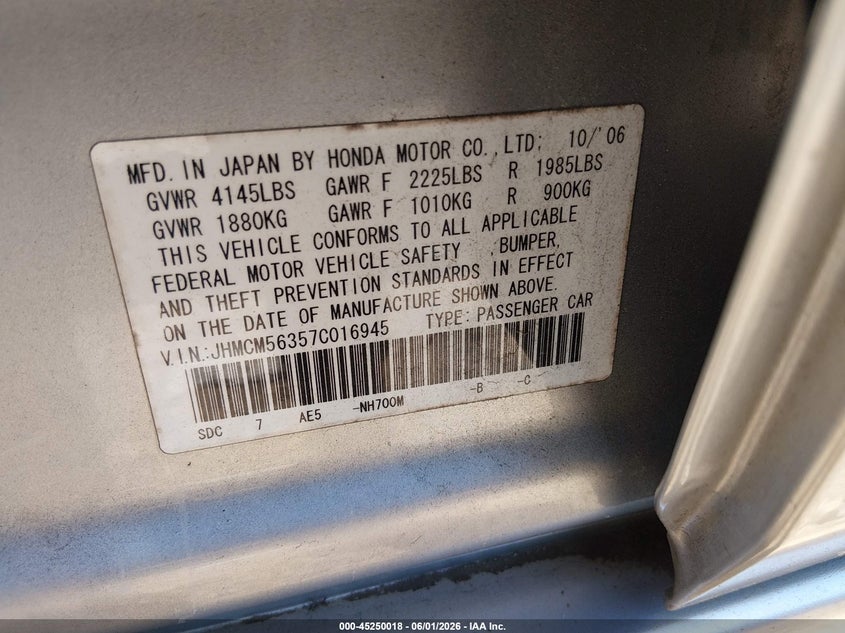 2007 Honda Accord VIN JHMCM56357C016945 IAAI salvage auction — FRONT END, Salvage (North Carolina), sold $425 on 2026-07-06 (photo 9)