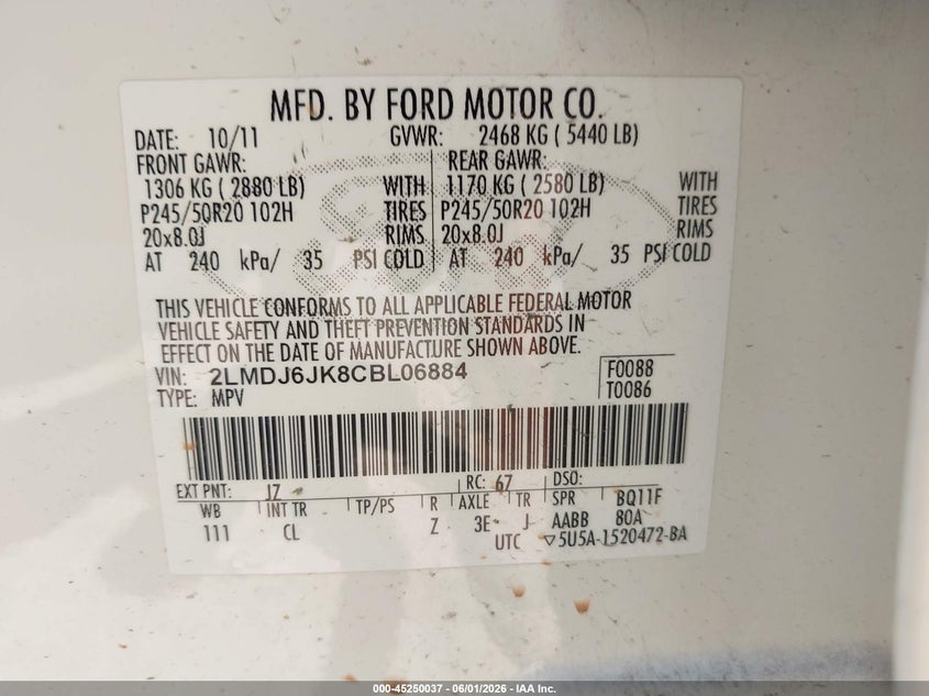 2012 Lincoln Mkx VIN 2LMDJ6JK8CBL06884 IAAI salvage auction — FRONT END, Clear (Oklahoma), sold $1,275 on 2026-07-22 (photo 9)