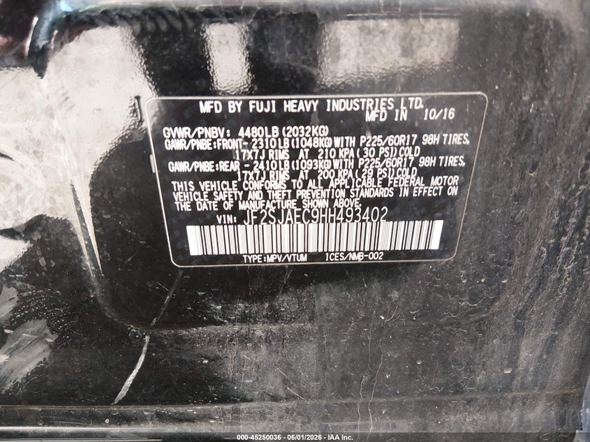 2017 Subaru Forester VIN JF2SJAEC9HH493402 IAAI salvage auction — FRONT END, Salvage Title, sold $600 on 2026-07-16 (photo 9)