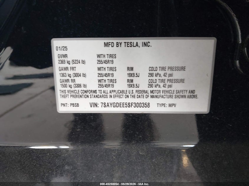 2025 Tesla Model y VIN 7SAYGDEE5SF300358 IAAI salvage auction — FRONT & REAR, Salvage Title, sold $7,900 on 2026-07-16 (photo 9)
