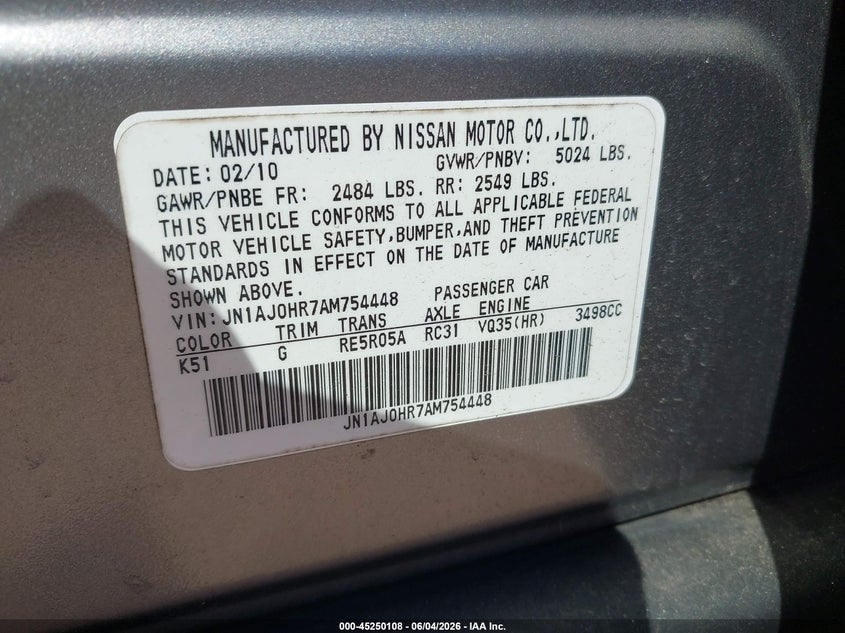 2010 Infiniti Ex VIN JN1AJ0HR7AM754448 IAAI salvage auction — RIGHT SIDE, Clear (Virginia), sold $1,050 on 2026-07-06 (photo 9)