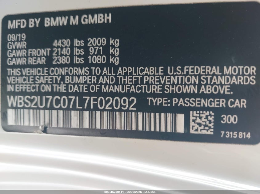 2020 BMW M2 VIN WBS2U7C07L7F02092 IAAI salvage auction — FRONT END, Salvage Title, sold $11,450 on 2026-07-20 (photo 9)