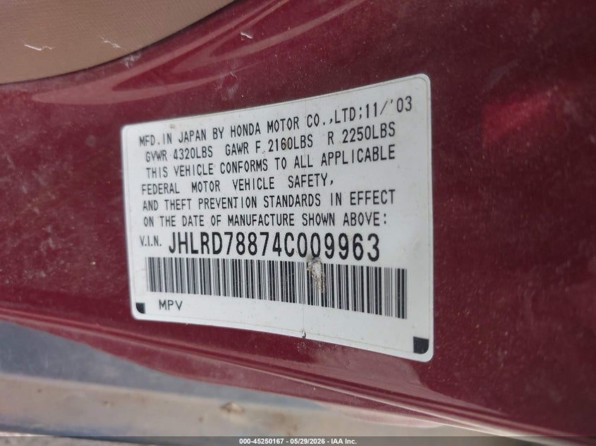 2004 Honda Cr-v VIN JHLRD78874C009963 IAAI salvage auction — NORMAL WEAR, Original (Texas), sold $1,025 on 2026-07-14 (photo 9)