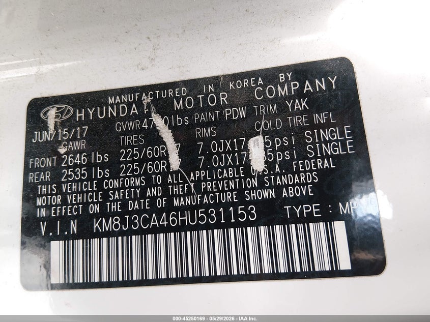 2017 Hyundai Tucson VIN KM8J3CA46HU531153 IAAI salvage auction — RIGHT SIDE, Salvage Title, sold $1,950 on 2026-07-30 (photo 9)