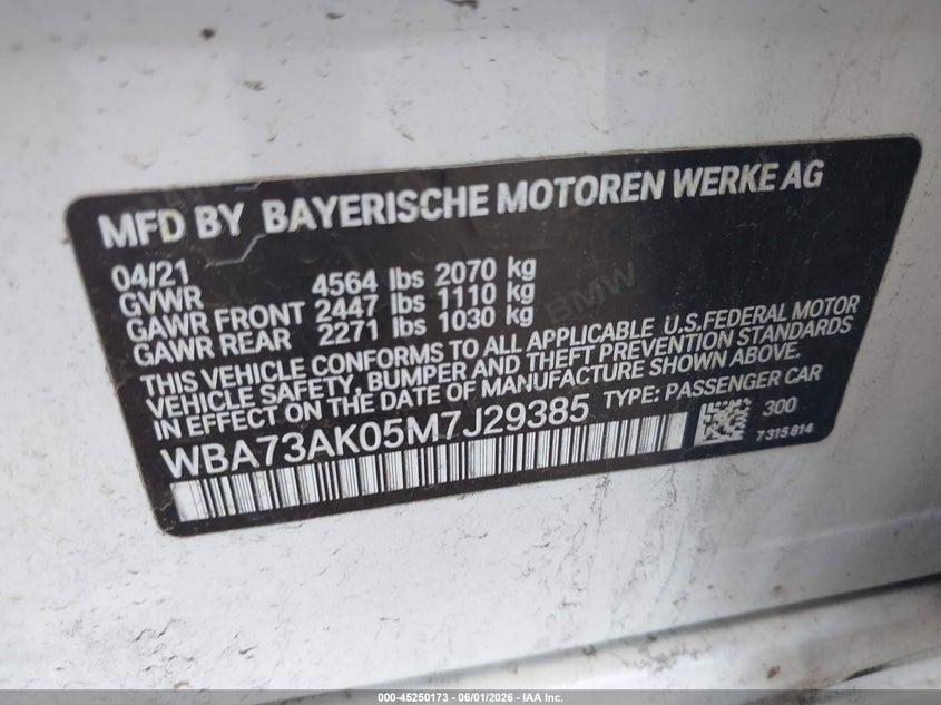 2021 BMW VIN WBA73AK05M7J29385 IAAI salvage auction — FRONT END, Mv-907A (New York), sold $2,525 on 2026-08-11 (photo 9)