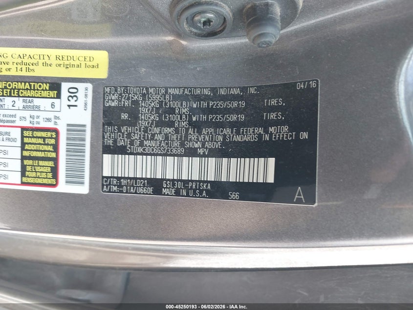 2016 Toyota Sienna VIN 5TDXK3DC6GS733689 IAAI salvage auction — RIGHT REAR, Salvage Title, sold $1,700 on 2026-07-09 (photo 9)