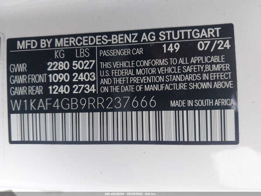 2024 Mercedes-benz C-klasse VIN W1KAF4GB9RR237666 IAAI salvage auction — FRONT END, Salvage Title, sold $15,400 on 2026-07-09 (photo 9)