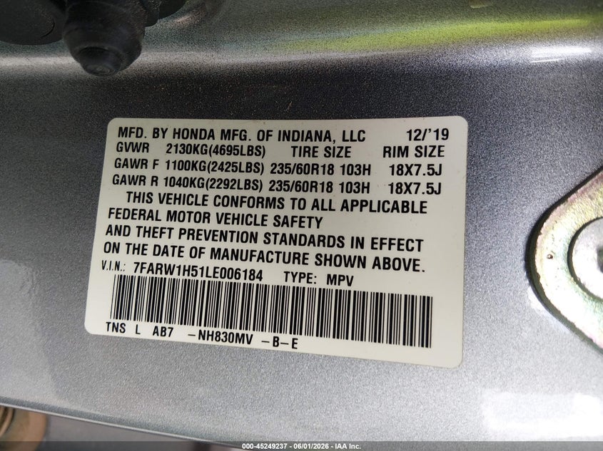 2020 Honda Cr-v VIN 7FARW1H51LE006184 IAAI salvage auction — FRONT END, Salvage Title, sold $7,600 on 2026-07-30 (photo 9)