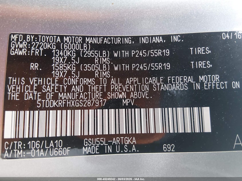 2016 Toyota Highlander VIN 5TDDKRFHXGS287917 IAAI salvage auction — RIGHT SIDE, Salvage Title, sold $8,100 on 2026-07-15 (photo 9)