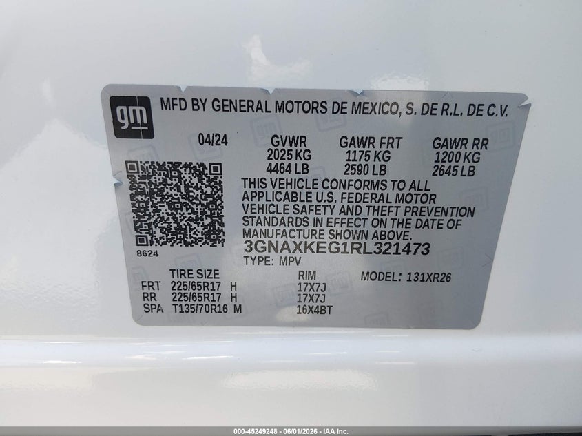 2024 Chevrolet Equinox VIN 3GNAXKEG1RL321473 IAAI salvage auction — FRONT END, Salvage Title, sold $4,550 on 2026-07-24 (photo 9)