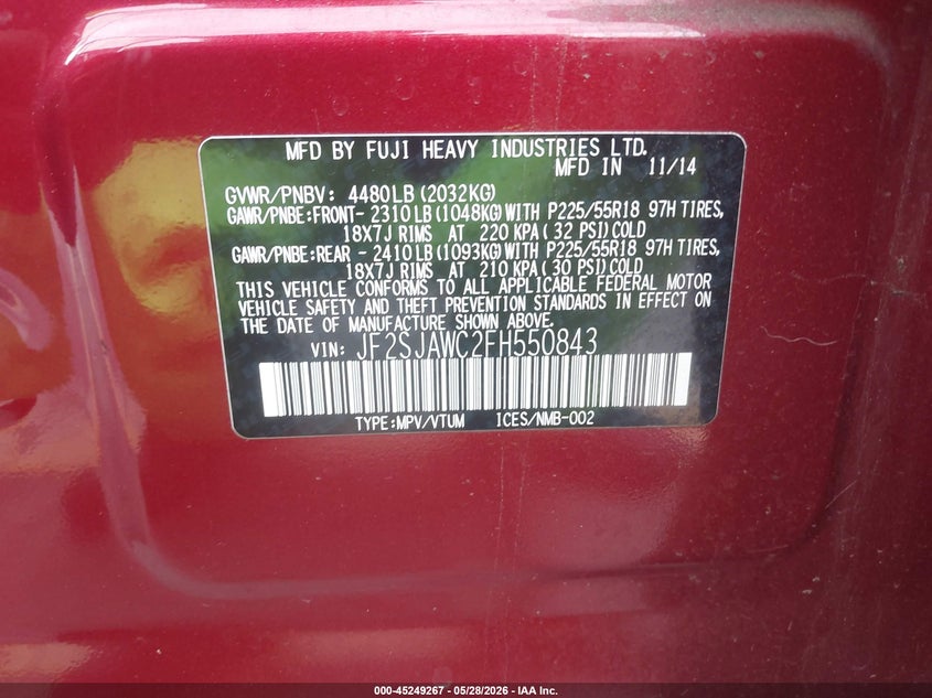 2015 Subaru Forester VIN JF2SJAWC2FH550843 IAAI salvage auction — FRONT END, Salvage Title, sold $825 on 2026-07-13 (photo 9)