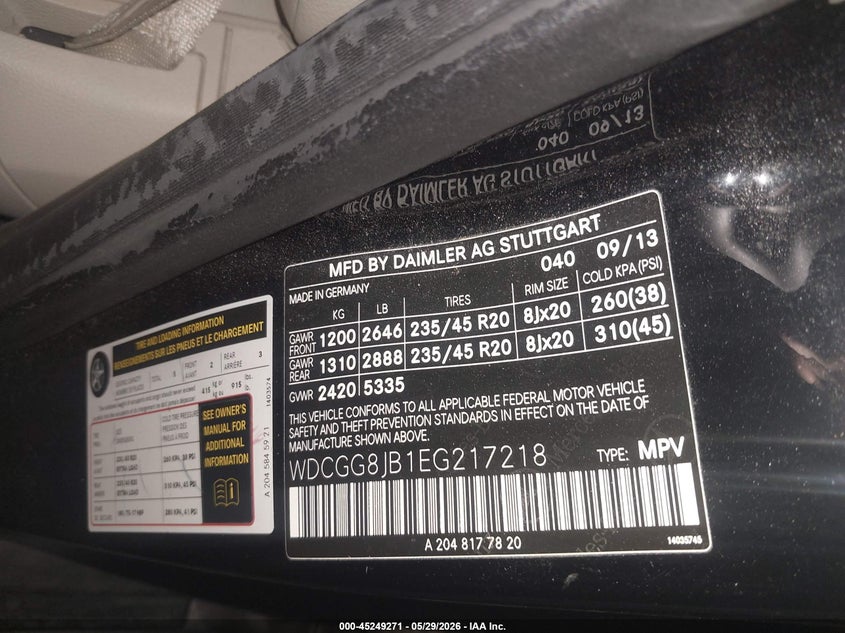 2014 Mercedes-benz VIN WDCGG8JB1EG217218 IAAI salvage auction — REAR END, Salvage Title, sold $1,150 on 2026-07-28 (photo 9)