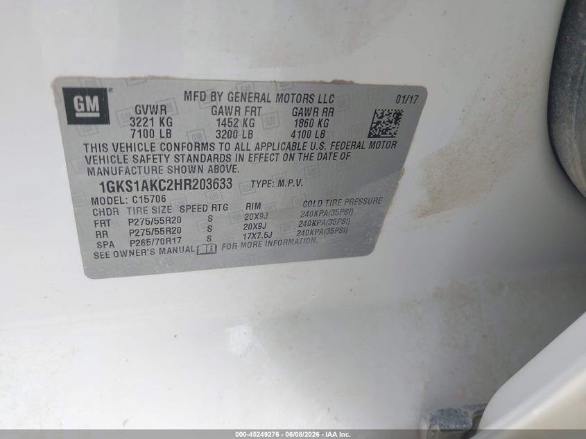 2017 Gmc Yukon VIN 1GKS1AKC2HR203633 IAAI salvage auction — FRONT END, Original (Texas), sold $3,900 on 2026-07-06 (photo 9)