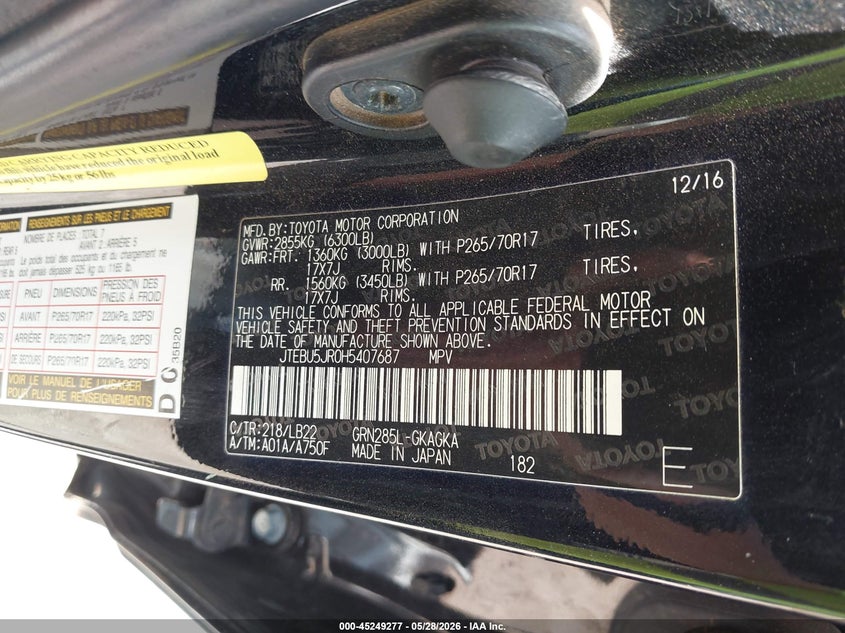2017 Toyota 4runner VIN JTEBU5JR0H5407687 IAAI salvage auction — REAR END, Salvage Title, sold $8,600 on 2026-07-26 (photo 9)