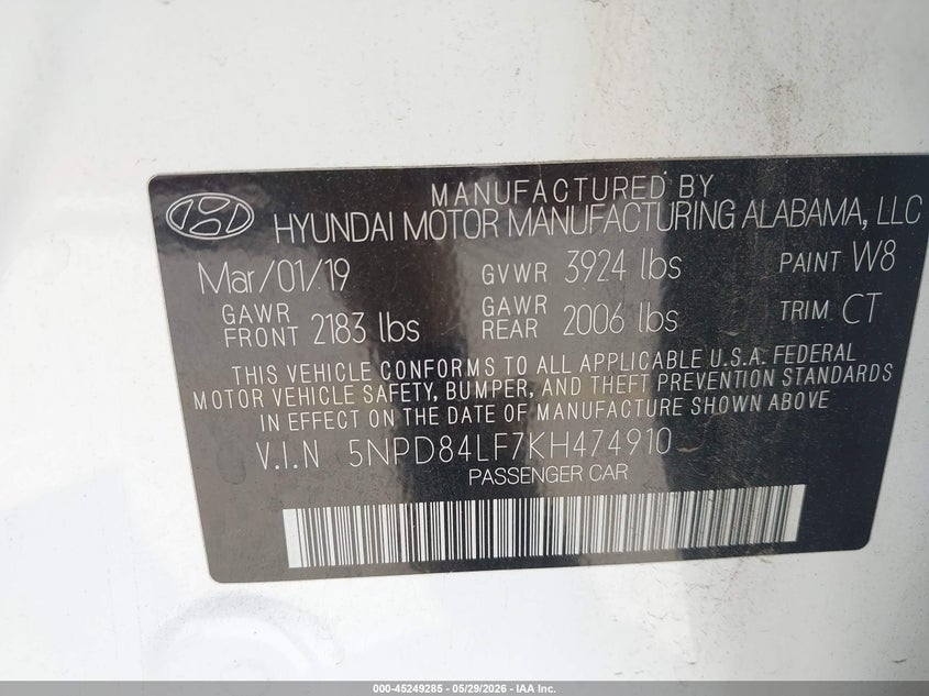 2019 Hyundai Elantra VIN 5NPD84LF7KH474910 IAAI salvage auction — FRESH WATER, Salvage Title, sold $1,050 on 2026-07-29 (photo 9)