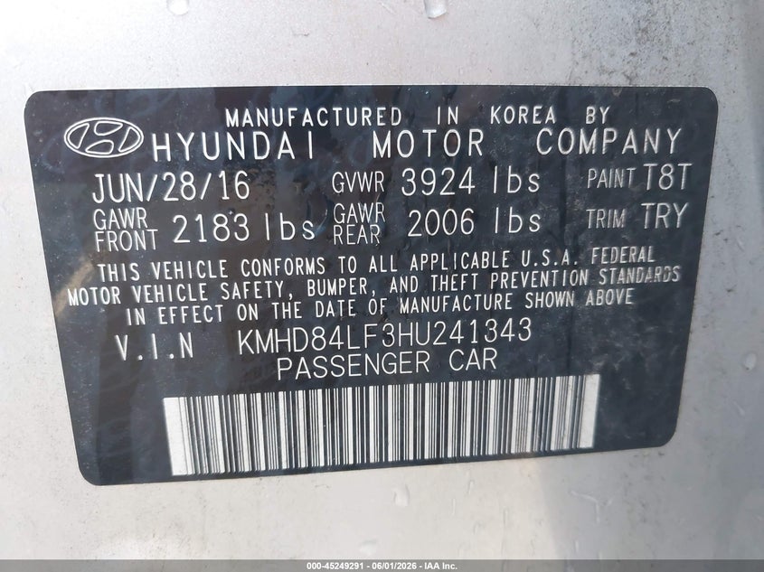 2017 Hyundai Elantra VIN KMHD84LF3HU241343 IAAI salvage auction — FRONT END, Salvage Title, sold $875 on 2026-07-15 (photo 9)