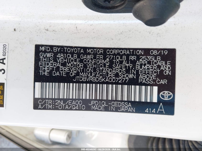 2019 Toyota Mirai VIN JTDBVRBD5KA007277 IAAI salvage auction — REAR END, Salvage Title, sold $1,500 on 2026-07-30 (photo 9)