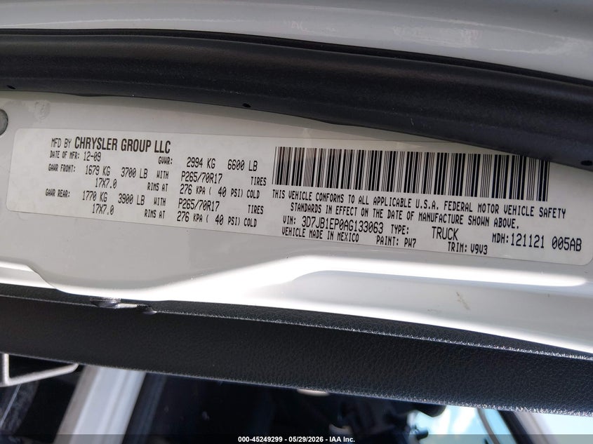 2010 Dodge Ram 1500 VIN 3D7JB1EP0AG133063 IAAI salvage auction — FRONT END, Salvage (New Jersey), sold $550 on 2026-07-18 (photo 9)