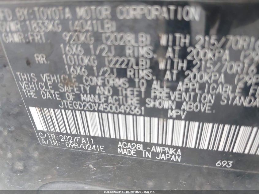 2005 Toyota Rav 4 VIN JTEGD20V450049361 IAAI salvage auction — NORMAL WEAR, Original (Texas), sold $1,350 on 2026-07-13 (photo 9)