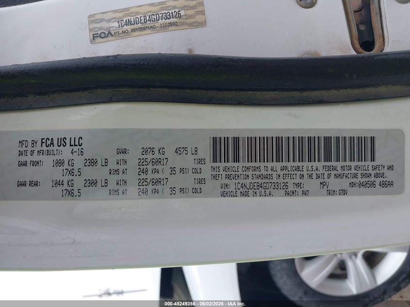 2016 Jeep Compass VIN 1C4NJDEB4GD733126 IAAI salvage auction — FRONT END, Salvage (Montana), sold $200 on 2026-07-22 (photo 9)