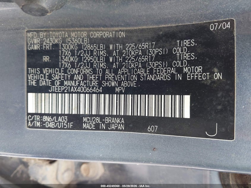 2004 Toyota Highlander VIN JTEEP21AX40066464 IAAI salvage auction — NORMAL WEAR, Certificate Of Title (Nebraska), sold $25 on 2026-07-30 (photo 9)
