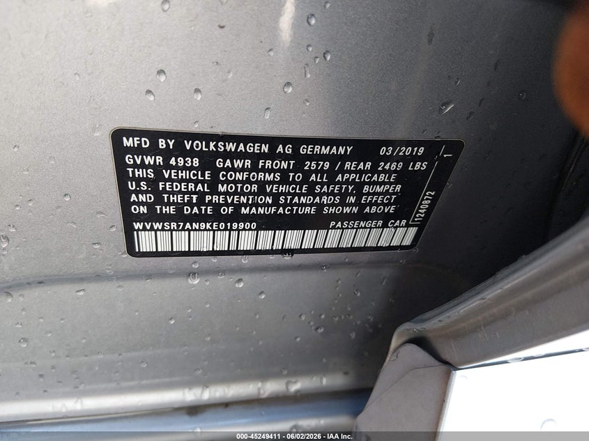 2019 Volkswagen Arteon VIN WVWSR7AN9KE019900 IAAI salvage auction — SIDE, Clear (Indiana), sold $7,100 on 2026-07-15 (photo 9)