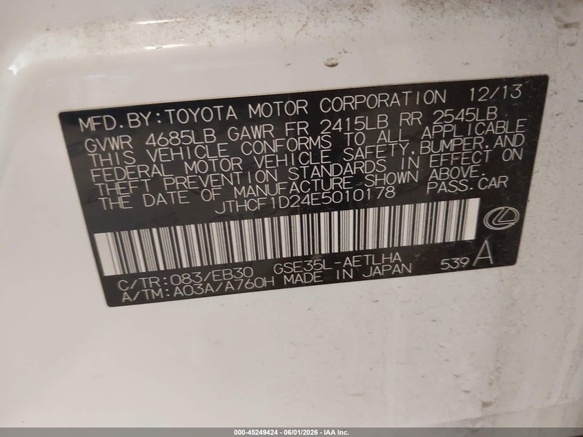 2014 Lexus VIN JTHCF1D24E5010178 IAAI salvage auction — RIGHT SIDE, Salvage Title, sold $3,250 on 2026-07-21 (photo 9)