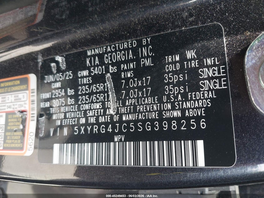 2025 Kia Sorento VIN 5XYRG4JC5SG398256 IAAI salvage auction — FRONT END, Salvage Title, sold $8,450 on 2026-07-01 (photo 9)