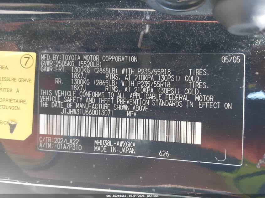 2006 Lexus Rx VIN JTJHW31U660013071 IAAI salvage auction — NORMAL WEAR, Clear (California), sold $550 on 2026-07-14 (photo 9)