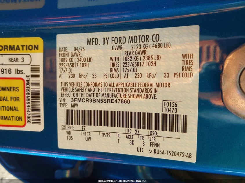 2025 Ford Bronco sport VIN 3FMCR9BN5SRE47860 IAAI salvage auction — FRONT END, Salvage Title, sold $8,500 on 2026-08-19 (photo 9)