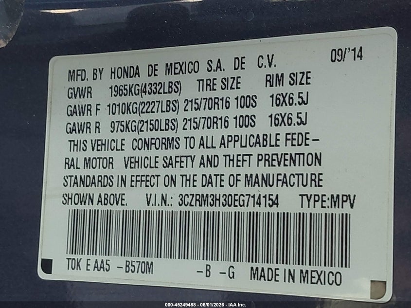 2014 Honda Cr-v VIN 3CZRM3H30EG714154 IAAI salvage auction — REAR END, Salvage Title, sold $2,100 on 2026-07-28 (photo 9)