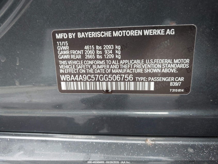 2016 BMW VIN WBA4A9C57GG506756 IAAI salvage auction — NORMAL WEAR, Salvage (California), sold $1,050 on 2026-07-20 (photo 9)