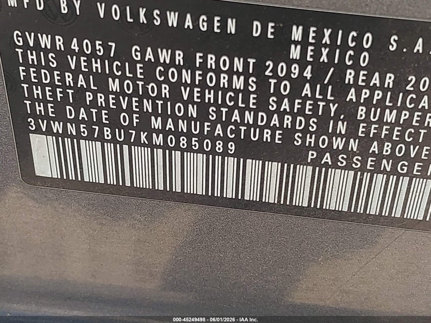 2019 Volkswagen Jetta VIN 3VWN57BU7KM085089 IAAI salvage auction — LEFT SIDE, Salvage Title, sold $5,500 on 2026-08-25 (photo 9)