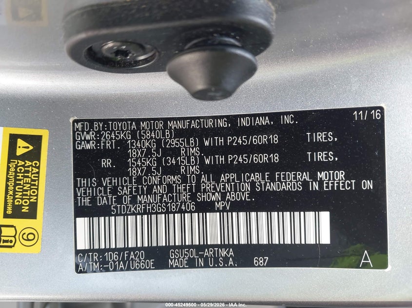 2016 Toyota Highlander VIN 5TDZKRFH3GS187406 IAAI salvage auction — FRONT END, Salvage Title, sold $3,300 on 2026-07-23 (photo 9)