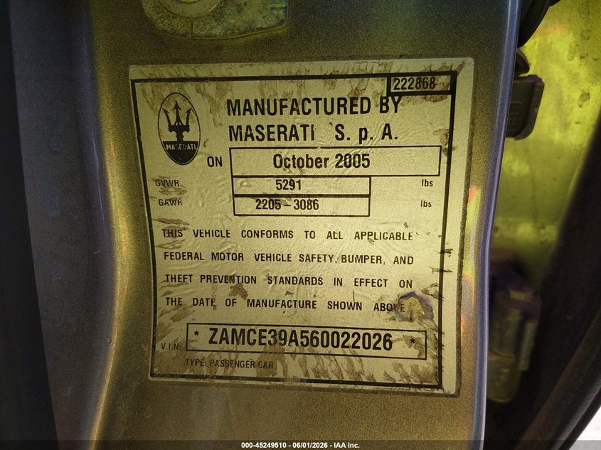 2006 Maserati Quattroporte VIN ZAMCE39A560022026 IAAI salvage auction — NORMAL WEAR, Original (Texas), sold $400 on 2026-07-22 (photo 9)