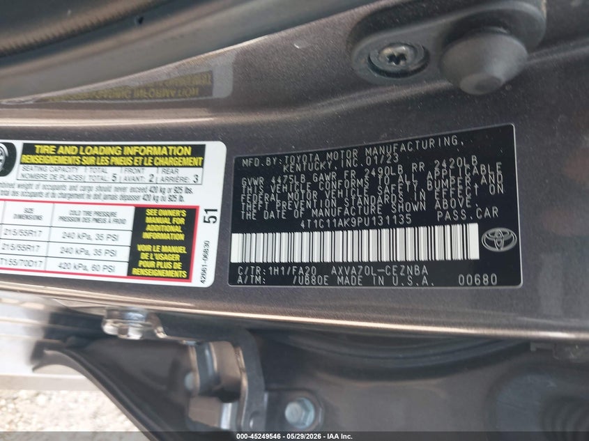 2023 Toyota Camry VIN 4T1C11AK9PU131135 IAAI salvage auction — SIDE, Salvage Title, sold $7,500 on 2026-07-30 (photo 9)