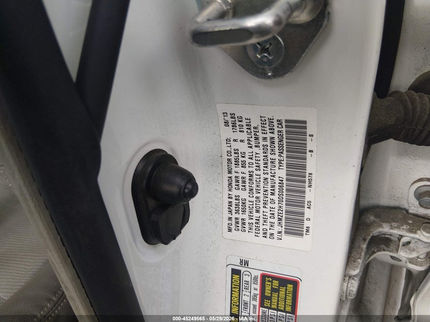 2013 Honda Insight VIN JHMZE2H70DS006847 IAAI salvage auction — LEFT FRONT, Salvage Title, sold $375 on 2026-07-21 (photo 9)