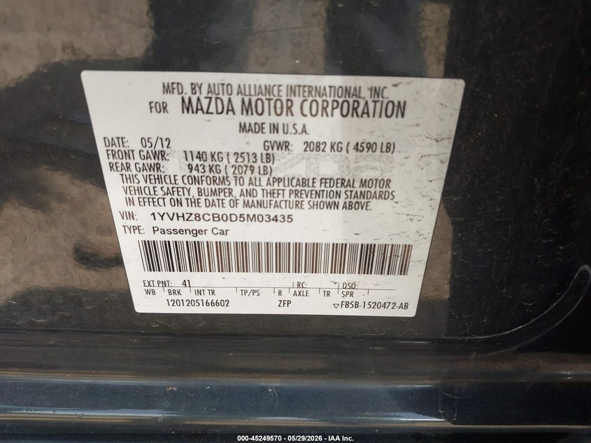 2013 Mazda 6 VIN 1YVHZ8CB0D5M03435 IAAI salvage auction — FRONT END, Prior Salvage (Minnesota), sold $875 on 2026-07-05 (photo 9)