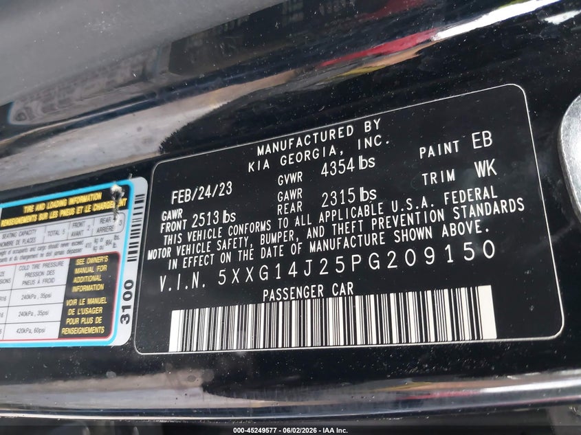 2023 Kia K5 VIN 5XXG14J25PG209150 IAAI salvage auction — REAR END, Original (Texas), sold $4,550 on 2026-07-29 (photo 9)