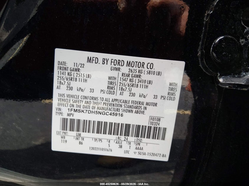 2022 Ford Explorer VIN 1FMSK7DH5NGC45916 IAAI salvage auction — RIGHT SIDE, Rebuildable (Florida), sold $7,600 on 2026-07-30 (photo 9)