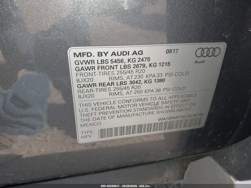2018 Audi Q5 VIN WA1BNAFY8J2038749 IAAI salvage auction — FRONT END, Salvage (Illinois), sold $9,500 on 2026-07-17 (photo 9)