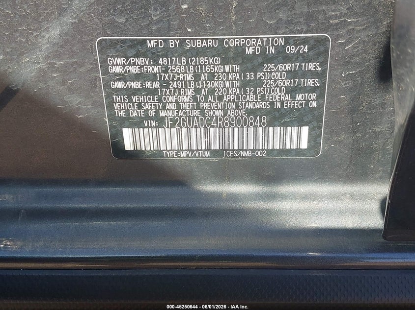 2024 Subaru Xv VIN JF2GUADC4R8900848 IAAI salvage auction — FRONT END, Salvage (Nevada), sold $5,350 on 2026-07-31 (photo 9)