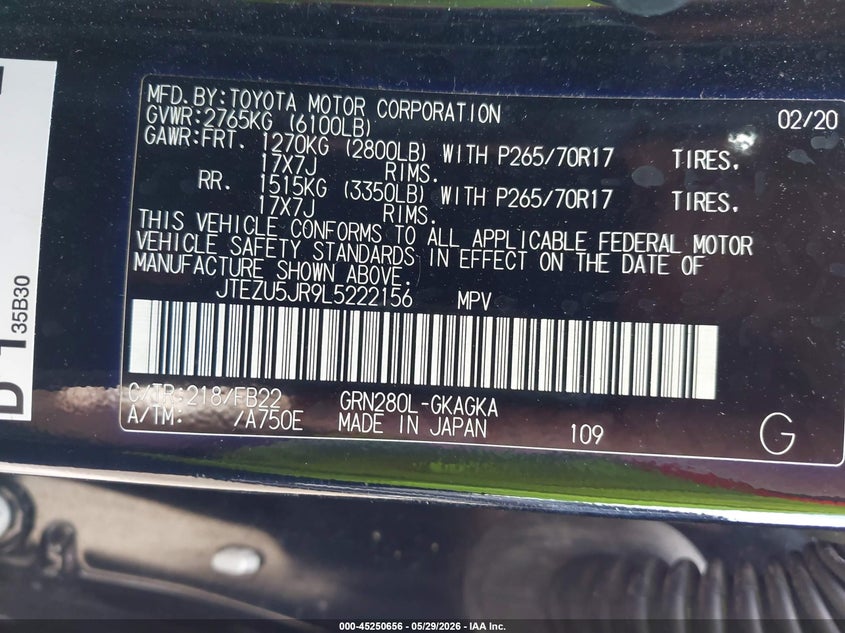 2020 Toyota 4runner VIN JTEZU5JR9L5222156 IAAI salvage auction — FRONT END, Salvage (South Carolina), sold $9,825 on 2026-07-15 (photo 9)