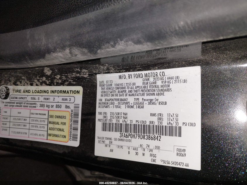 2013 Ford Fusion VIN 3FA6P0H79DR386842 IAAI salvage auction — REAR END, Salvage Title, sold $525 on 2026-07-31 (photo 9)