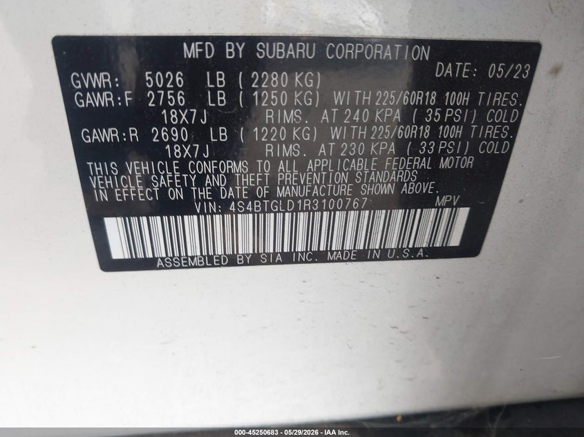 2024 Subaru Outback VIN 4S4BTGLD1R3100767 IAAI salvage auction — REAR END, Salvage Title, sold $13,900 on 2026-07-29 (photo 9)