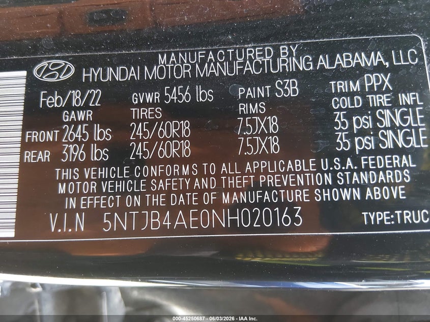 2022 Hyundai Santa cruz VIN 5NTJB4AE0NH020163 IAAI salvage auction — LEFT SIDE, Salvage Title, sold $6,600 on 2026-07-15 (photo 9)