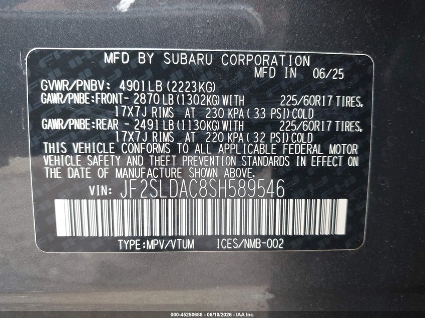 2025 Subaru Forester VIN JF2SLDAC8SH589546 IAAI salvage auction — FRONT END, Salvage (Pennsylvania), sold $6,000 on 2026-07-08 (photo 9)