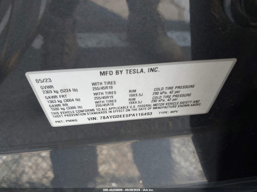 2023 Tesla Model y VIN 7SAYGDEE5PA116493 IAAI salvage auction — REAR END, Salvage Title, sold $13,550 on 2026-07-20 (photo 9)